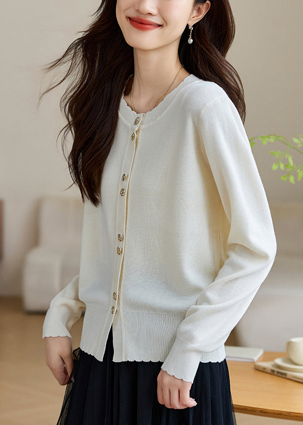 White Button Solid Wool Knit Fall Coats O Neck QG004