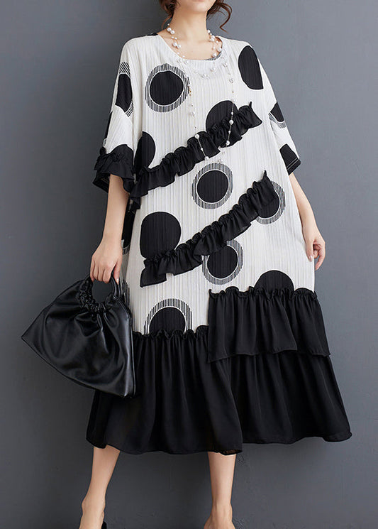 White Dot Print Patchwork Loose Chiffon Dress Ruffled Summer AP005