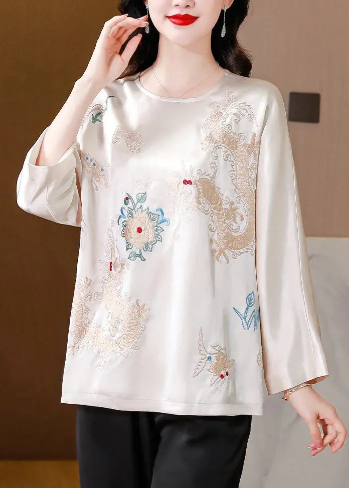 White Draping Silk Blouses Embroidered Spring Ada Fashion