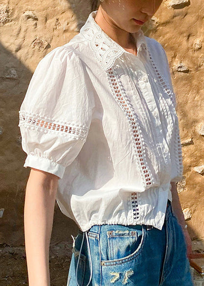 Weiße Hollow Pan Out Peter Collar Shirts Baumwolle Sommer