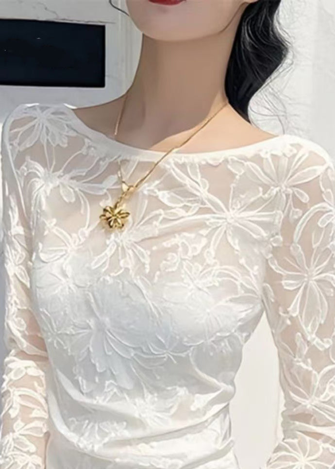 Hemden Slim Asymmetrische Tüll T Weiß Fit Flare Ärmel Jacquard