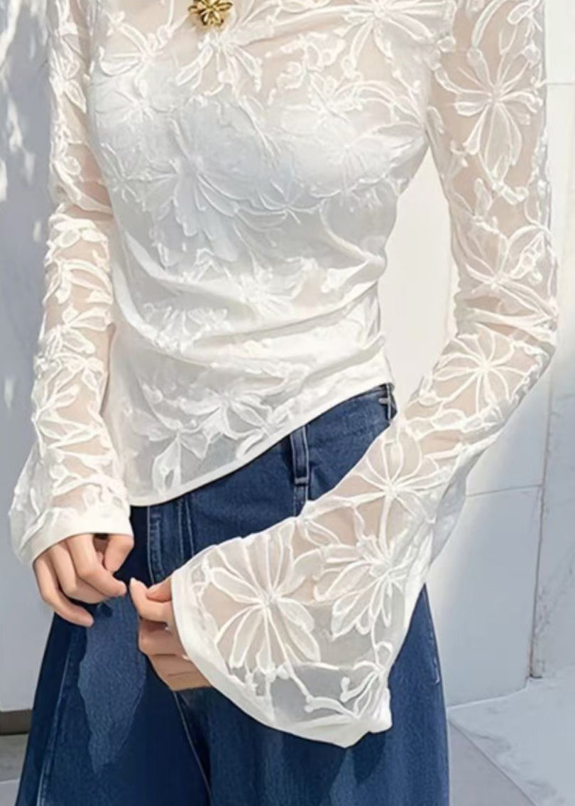 Hemden Slim Asymmetrische Tüll T Weiß Fit Flare Ärmel Jacquard