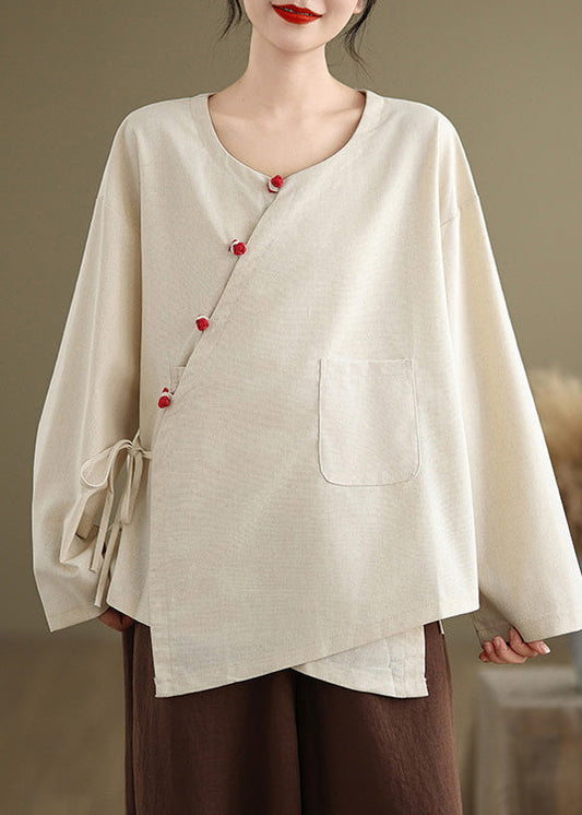 Weißes Leinenhemd Top Oversize Schnürung Frühling TJ022