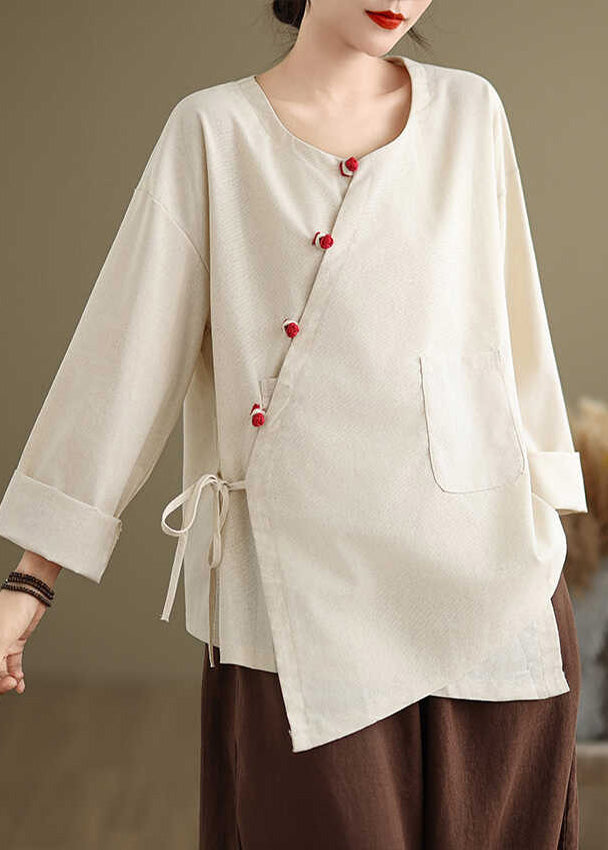 Weißes Leinenhemd Top Oversize Schnürung Frühling TJ022