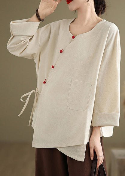 Weißes Leinenhemd Top Oversize Schnürung Frühling TJ022