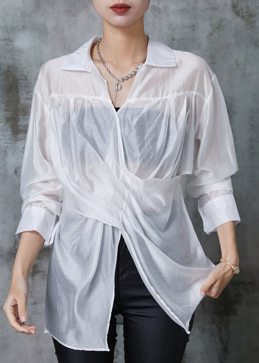 White Linen Shirt Tops Asymmetrical Side Open Summer AL1020