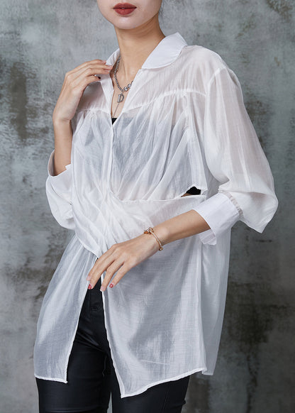 Chemise en lin blanc Tops asymétriques ouverts sur le côté été AL1020