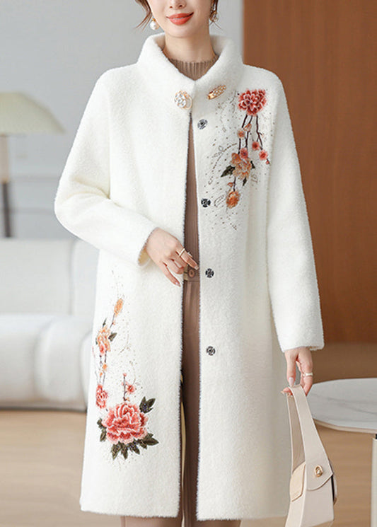 Weißer Maxi Nerz Samtmantel Patchwork Knopf Frühling TA033