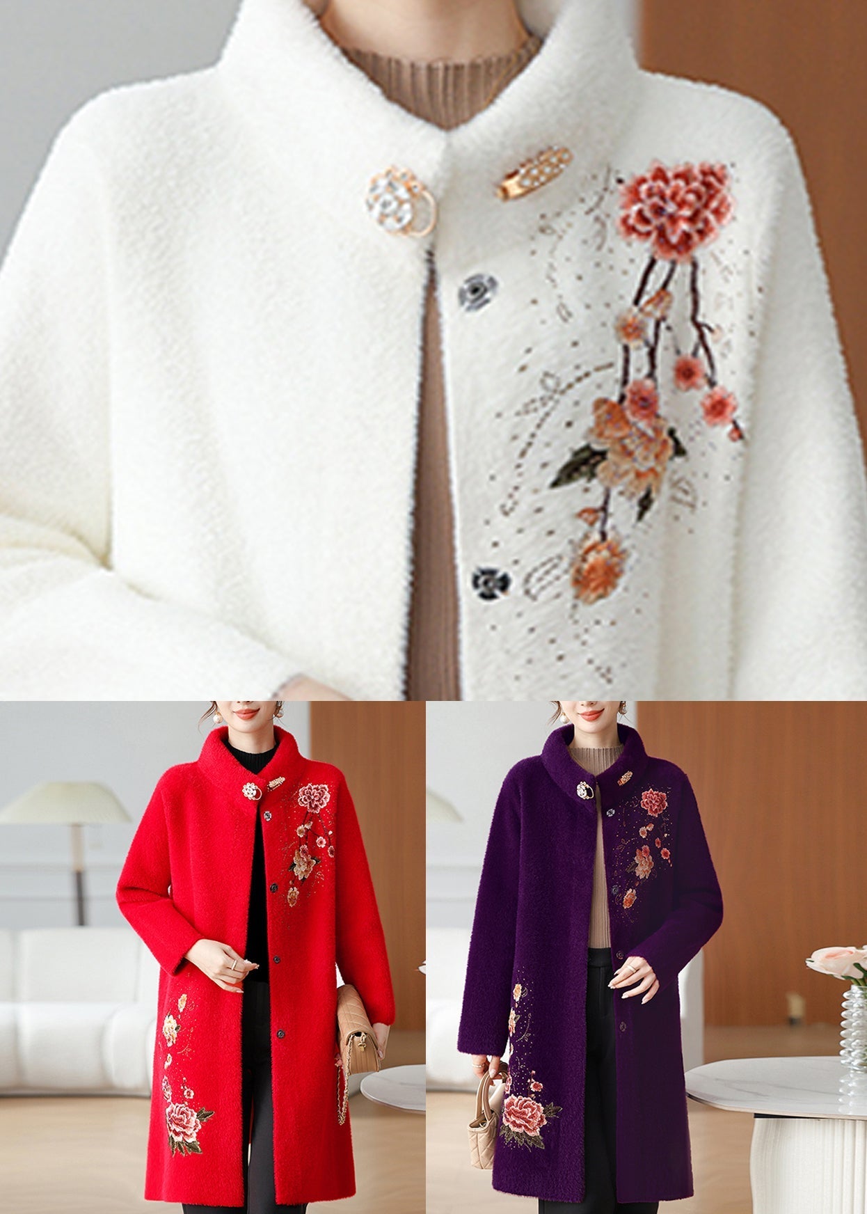 Manteau en velours de vison blanc Maxi Patchwork Bouton Printemps TA033