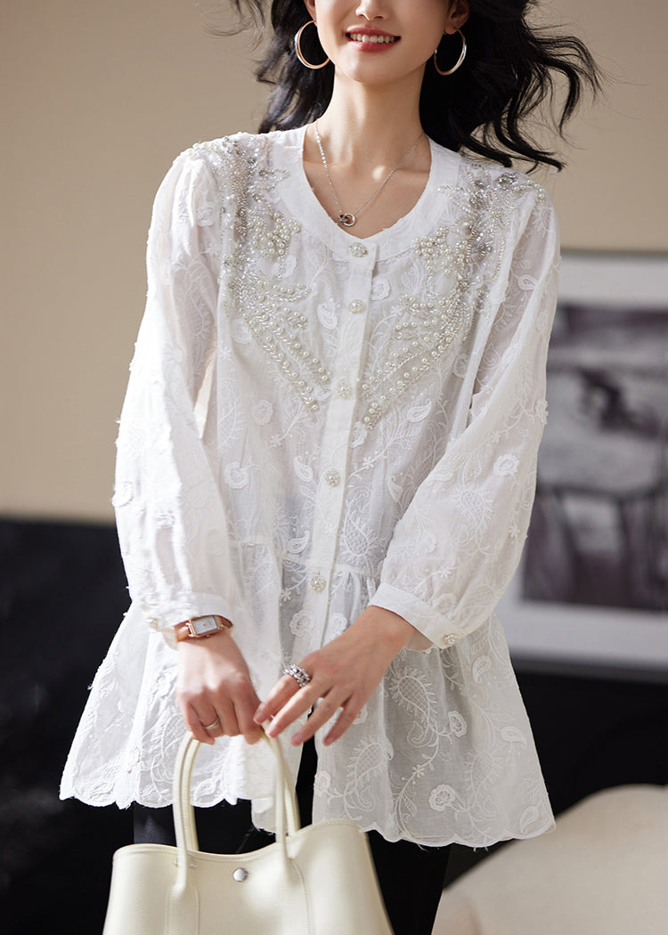 White Nail Bead Button Blouses Embroidered Long Sleeve AC1022