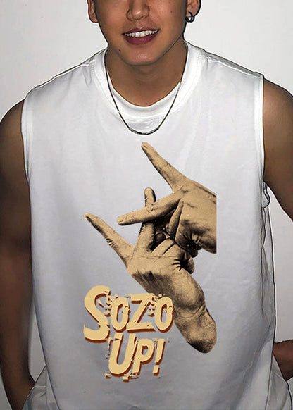 Summer Print Neck Mens Cotton White O Tank