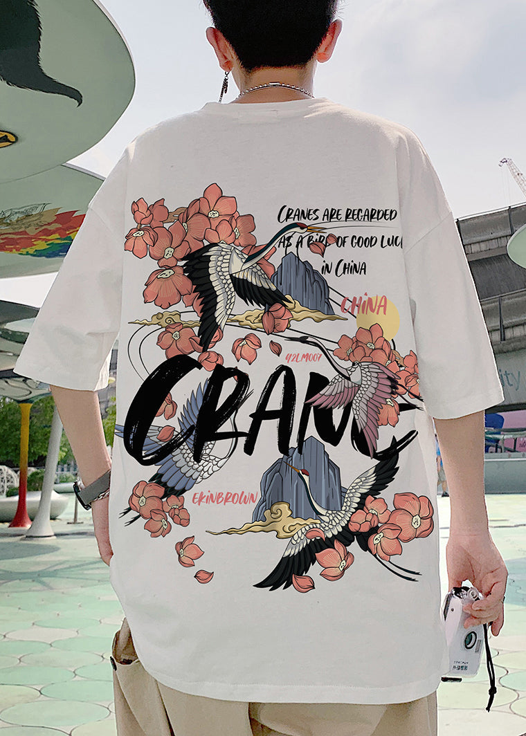 Halbe Männer lose T-Ärmel weiß Print Baumwolle Hals O Shirts