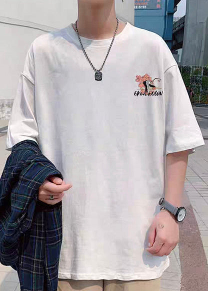 Halbe Männer lose T-Ärmel weiß Print Baumwolle Hals O Shirts