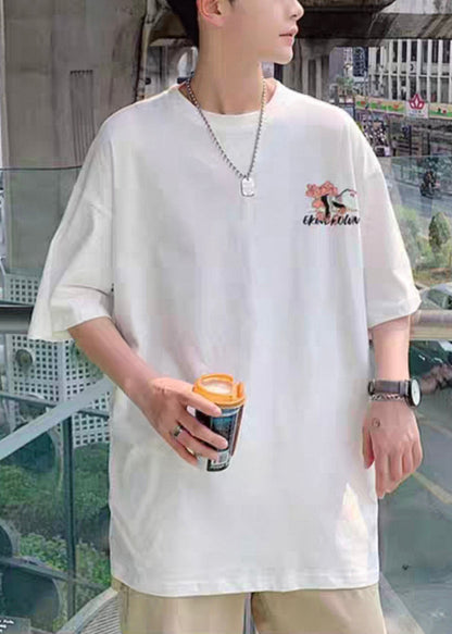 Halbe Männer lose T-Ärmel weiß Print Baumwolle Hals O Shirts