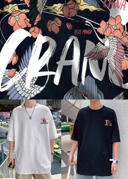 Halbe Männer lose T-Ärmel weiß Print Baumwolle Hals O Shirts