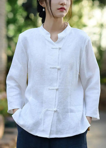 White Solid Button Linen Coats Stand Collar Spring Ada Fashion