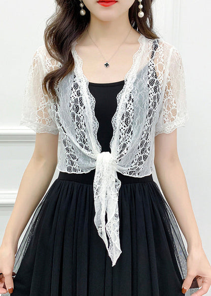 White Solid Hollow Out Lace Cardigan V Neck Short Sleeve Ada Fashion