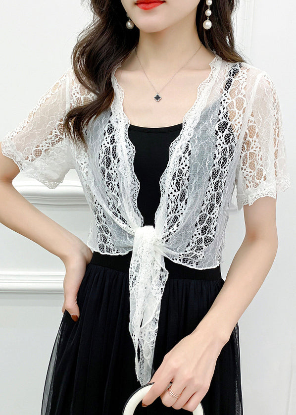 White Solid Hollow Out Lace Cardigan V Neck Short Sleeve Ada Fashion