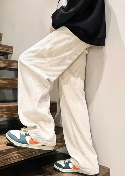 White Solid Loose Warm Fleece Corduroy Men Pants Elastic Waist Spring RM045