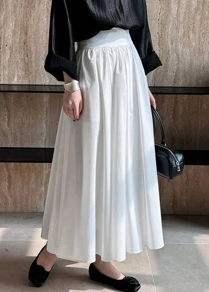 White Solid Pockets Cotton Pleated Skirt High Waist Ada Fashion