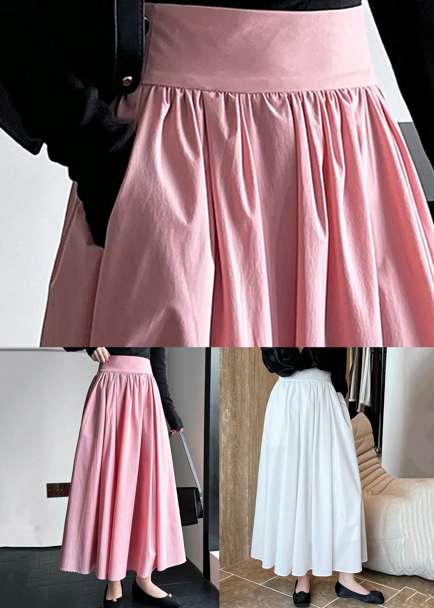 White Solid Pockets Cotton Pleated Skirt High Waist Ada Fashion