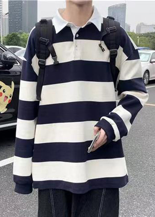 Polo à boutons printaniers en coton blanc à rayures pour homme