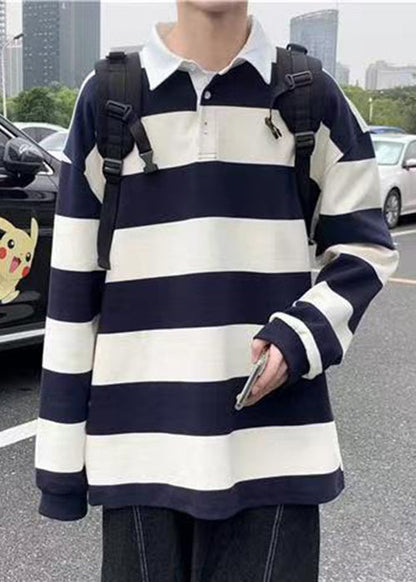 Polo à boutons printaniers en coton blanc à rayures pour homme