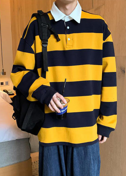 Polo à boutons printaniers en coton blanc à rayures pour homme