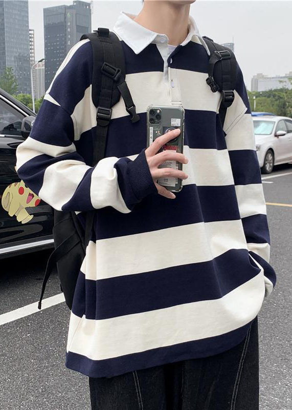 Polo à boutons printaniers en coton blanc à rayures pour homme