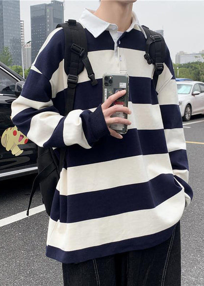 Polo à boutons printaniers en coton blanc à rayures pour homme