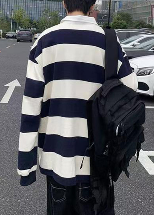 Polo à boutons printaniers en coton blanc à rayures pour homme