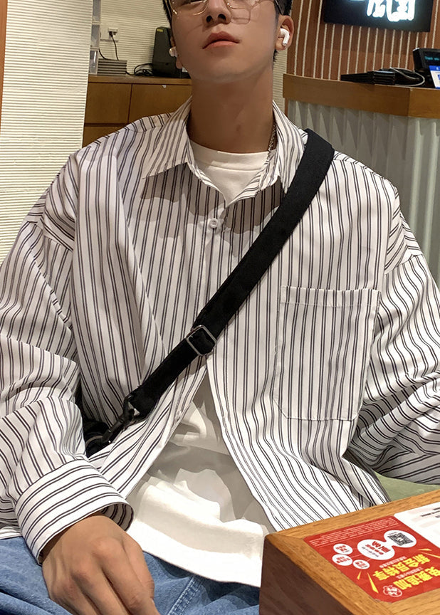 Shirt Collar White Striped Spring Mens Cotton Pockets Peter Pan