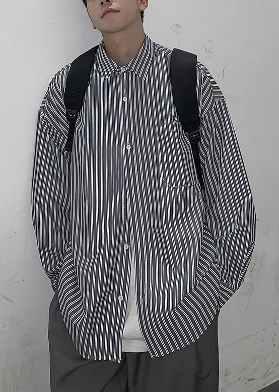 Shirt Collar White Striped Spring Mens Cotton Pockets Peter Pan