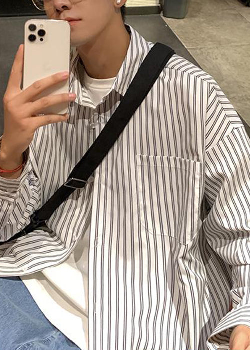 Shirt Collar White Striped Spring Mens Cotton Pockets Peter Pan