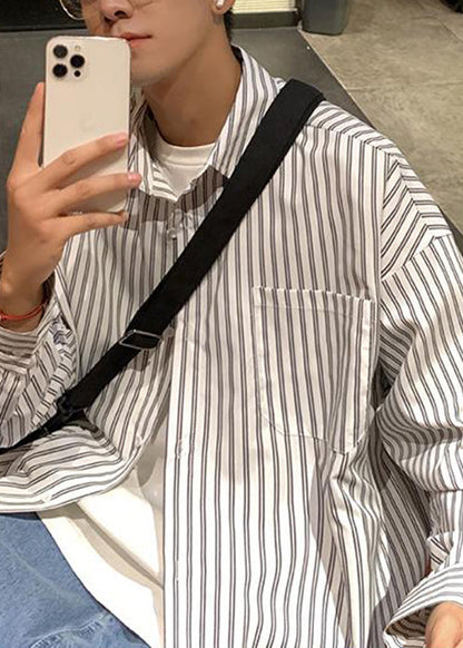 Shirt Collar White Striped Spring Mens Cotton Pockets Peter Pan