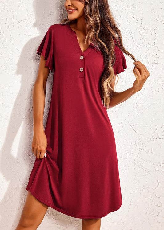 Sommer Rot Pyjamas Neck V Baumwolle Wein Kleider Solide