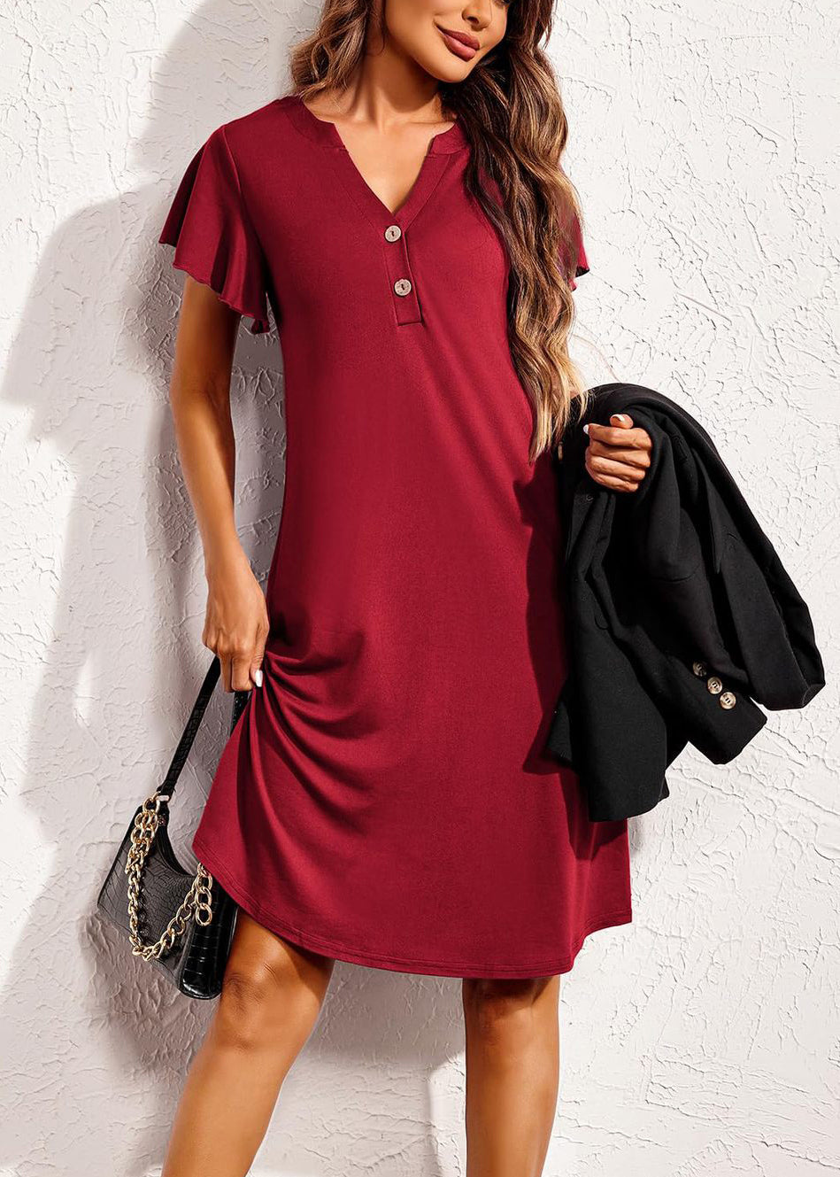 Sommer Rot Pyjamas Neck V Baumwolle Wein Kleider Solide
