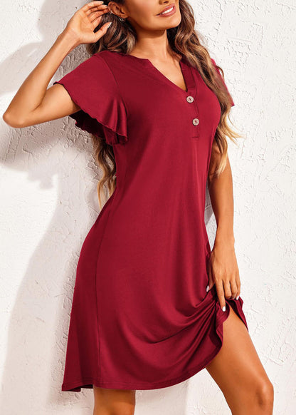 Sommer Rot Pyjamas Neck V Baumwolle Wein Kleider Solide