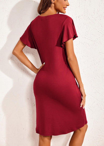 Sommer Rot Pyjamas Neck V Baumwolle Wein Kleider Solide
