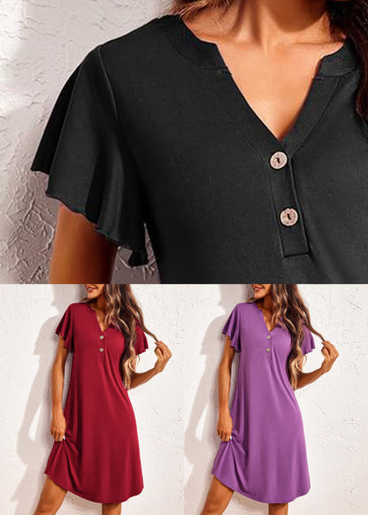 Sommer Rot Pyjamas Neck V Baumwolle Wein Kleider Solide