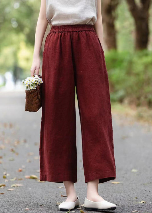 Pantalon d'été taille élastique en lin court vin rouge uni