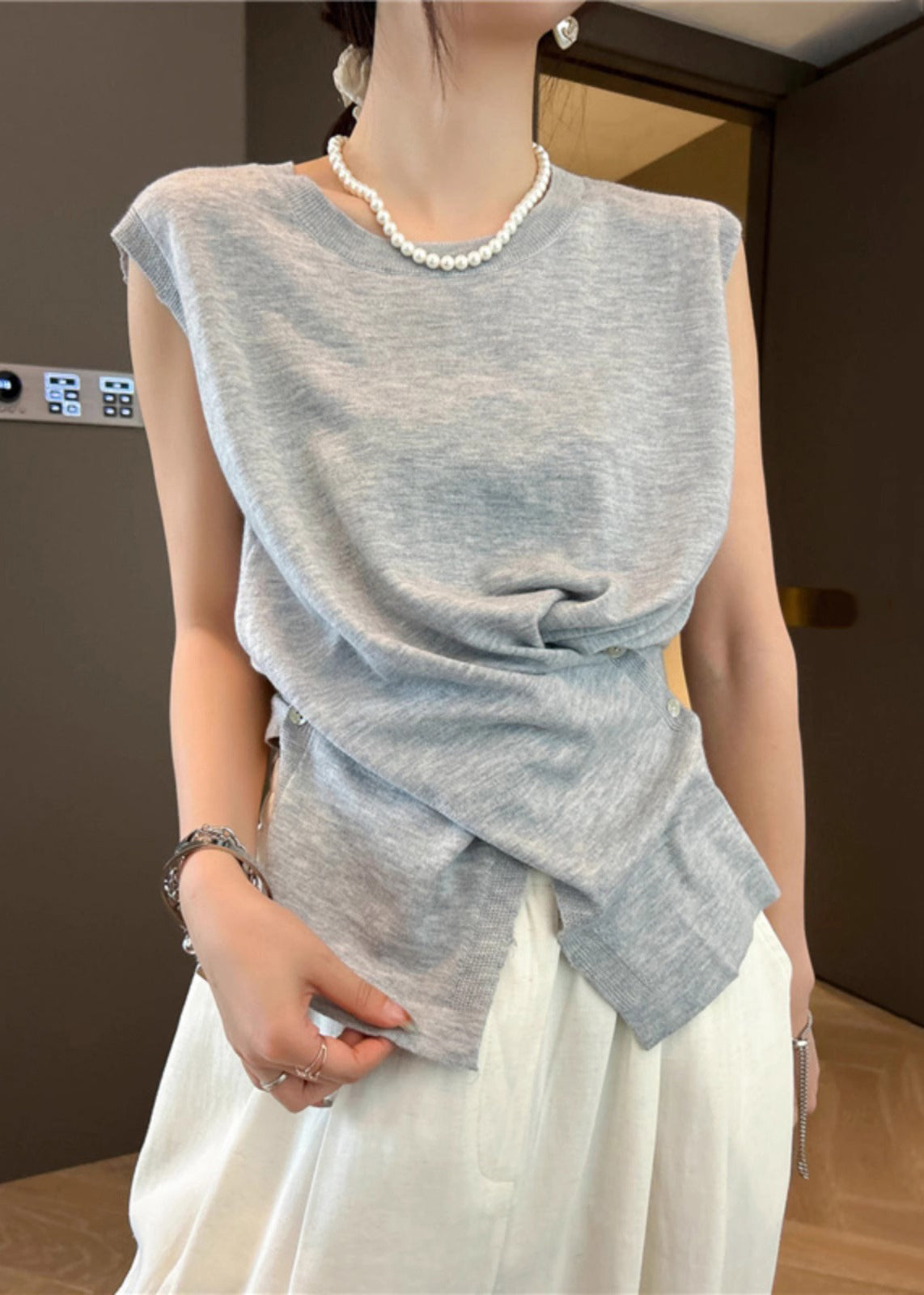 Asymmetrical Button Knit Open Side Sleeveless Tanks Apricot Women