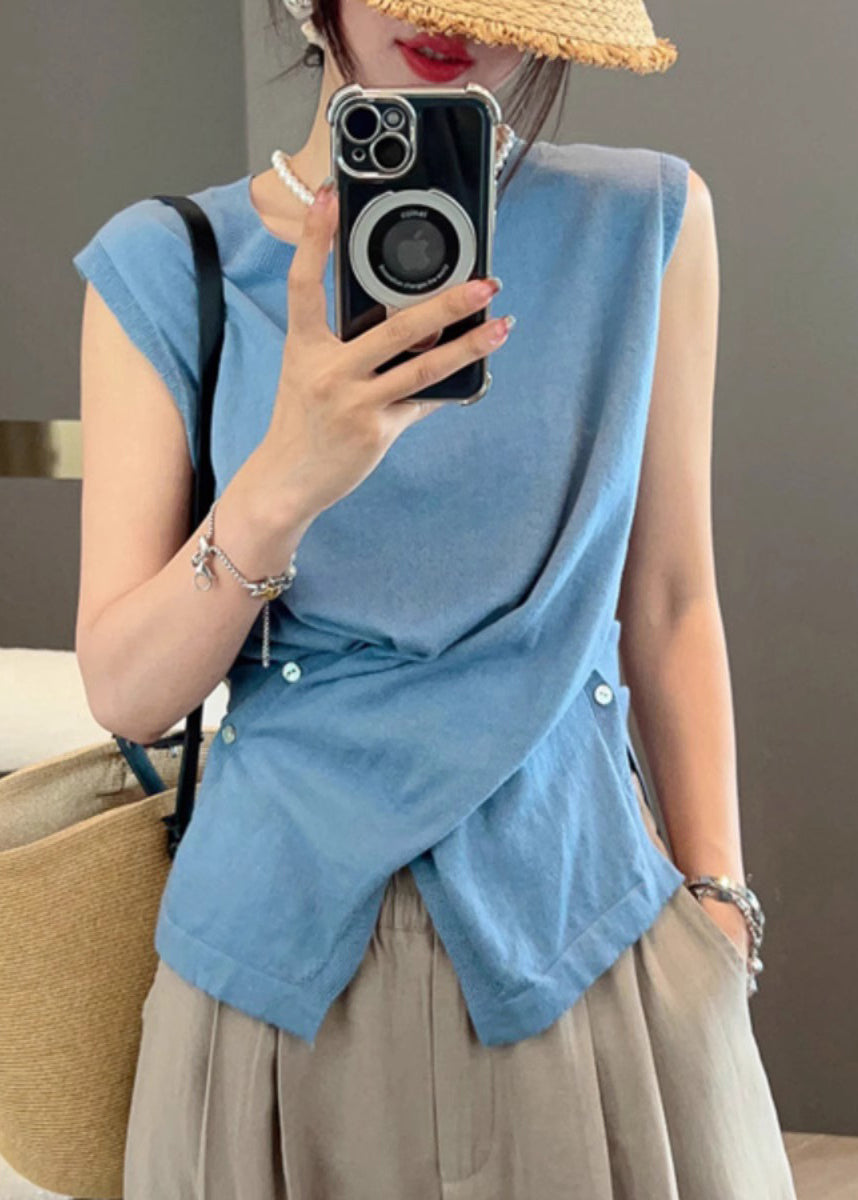 Asymmetrical Button Knit Open Side Sleeveless Tanks Apricot Women