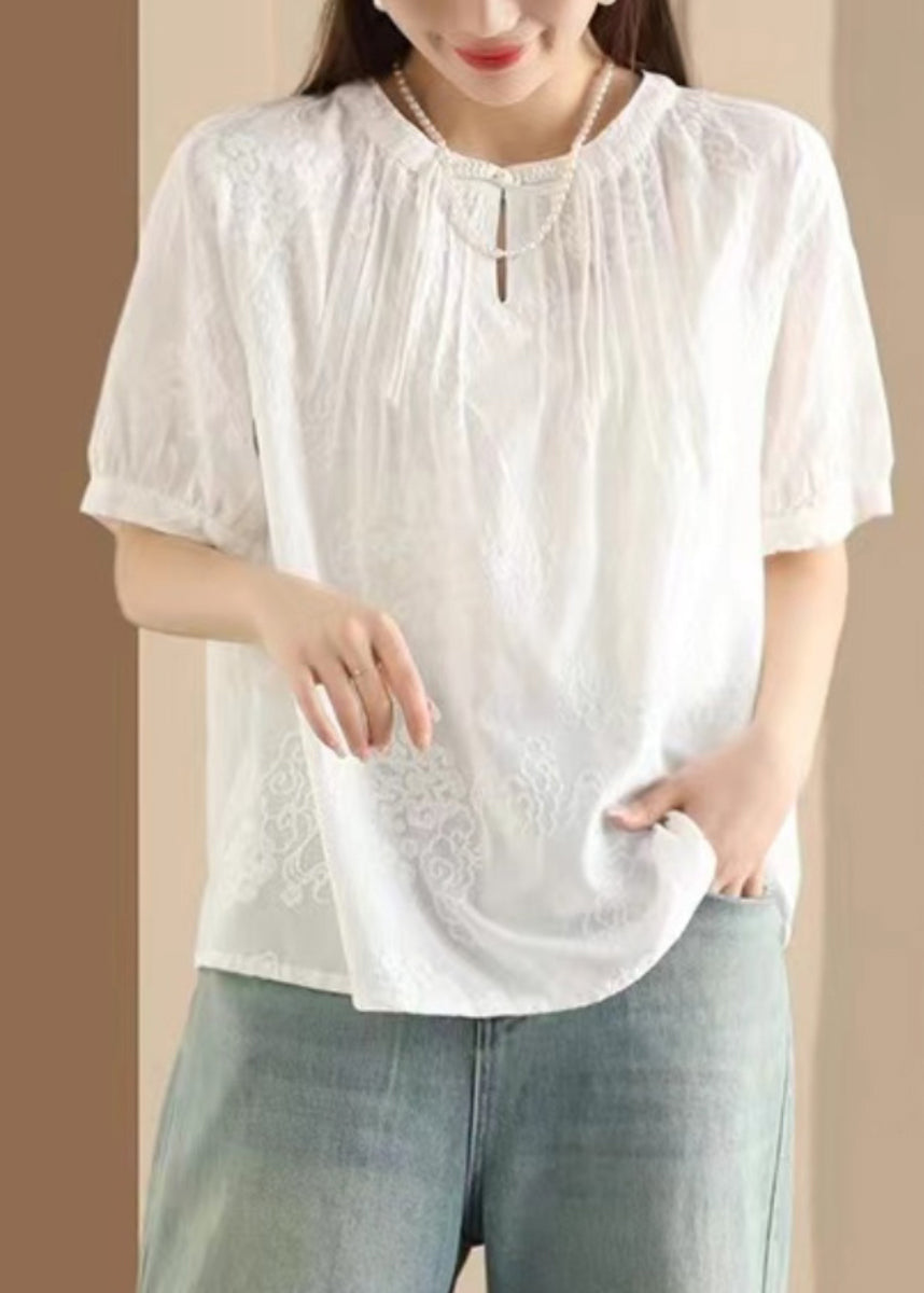 Women Apricot Embroidered Puff Sleeve Cotton Blouse Top UU050