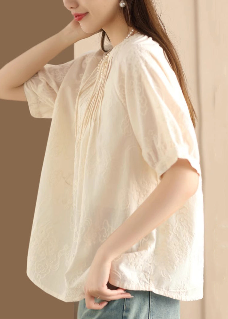 Women Apricot Embroidered Puff Sleeve Cotton Blouse Top UU050