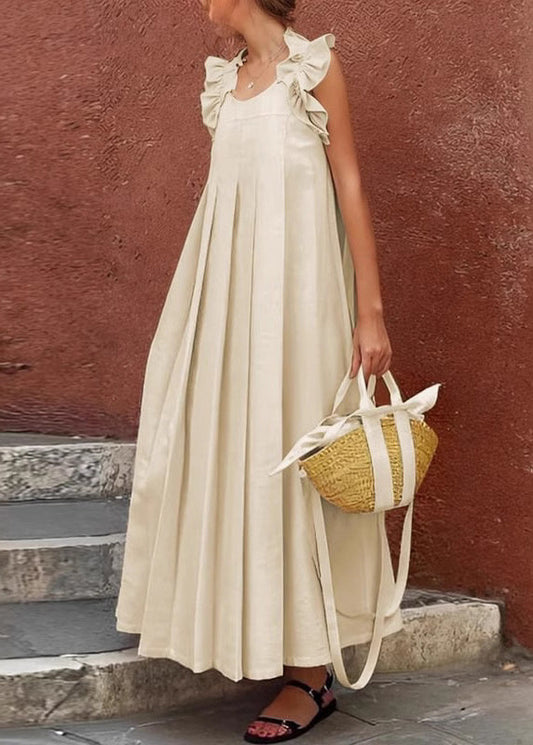 Ärmelloses Apricot-Baumwoll-Langkleid mit Rüschen