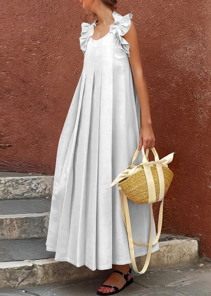 Ärmelloses Apricot-Baumwoll-Langkleid mit Rüschen