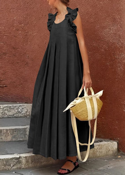 Ärmelloses Apricot-Baumwoll-Langkleid mit Rüschen