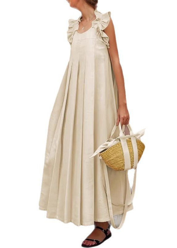 Ärmelloses Apricot-Baumwoll-Langkleid mit Rüschen