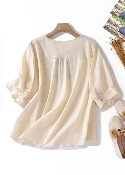 Women Apricot V Neck Embroidered Linen T Shirt Summer GG004